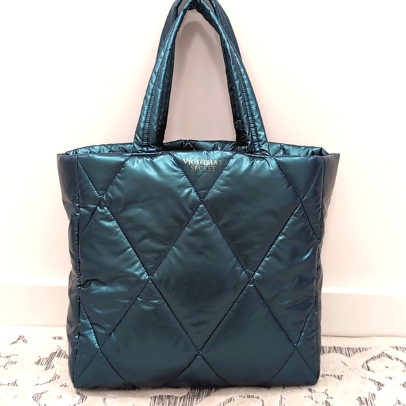 Victoria's Secret Puffer Tote Metallic Teal Green Bag - Picture 4 of 9